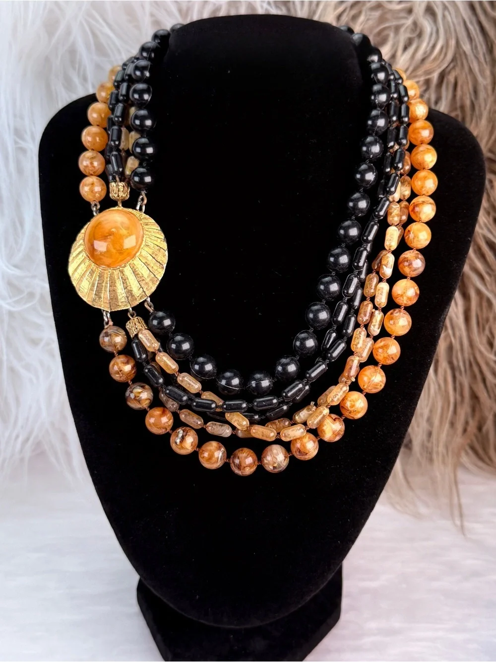 Vintage Multi Strand Black Amber Tone Bead Necklace Gold Tone Centerpiece